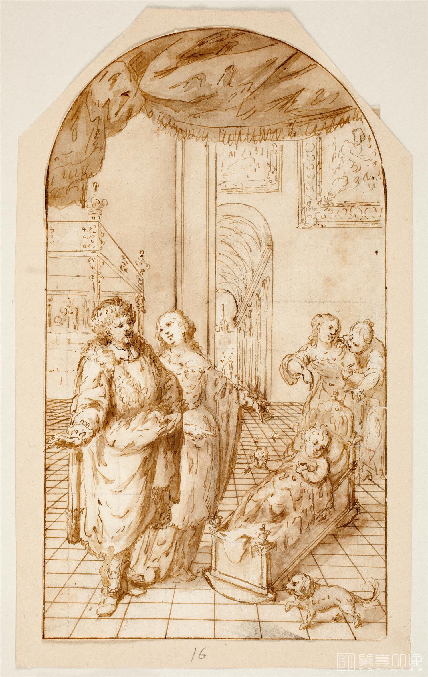 素描-西班牙普拉多美术馆素描藏画-Anonimo-San Ambrosio en su cuna-0495